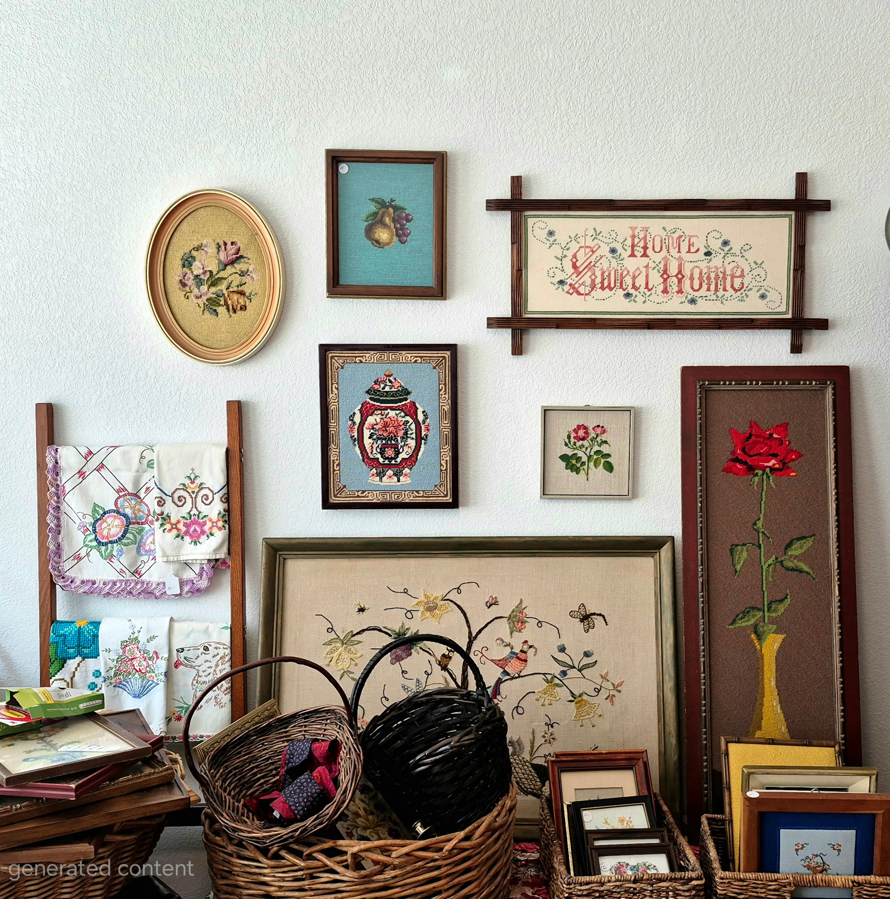 A wall of framed needlework above baskets and stacked picture frames