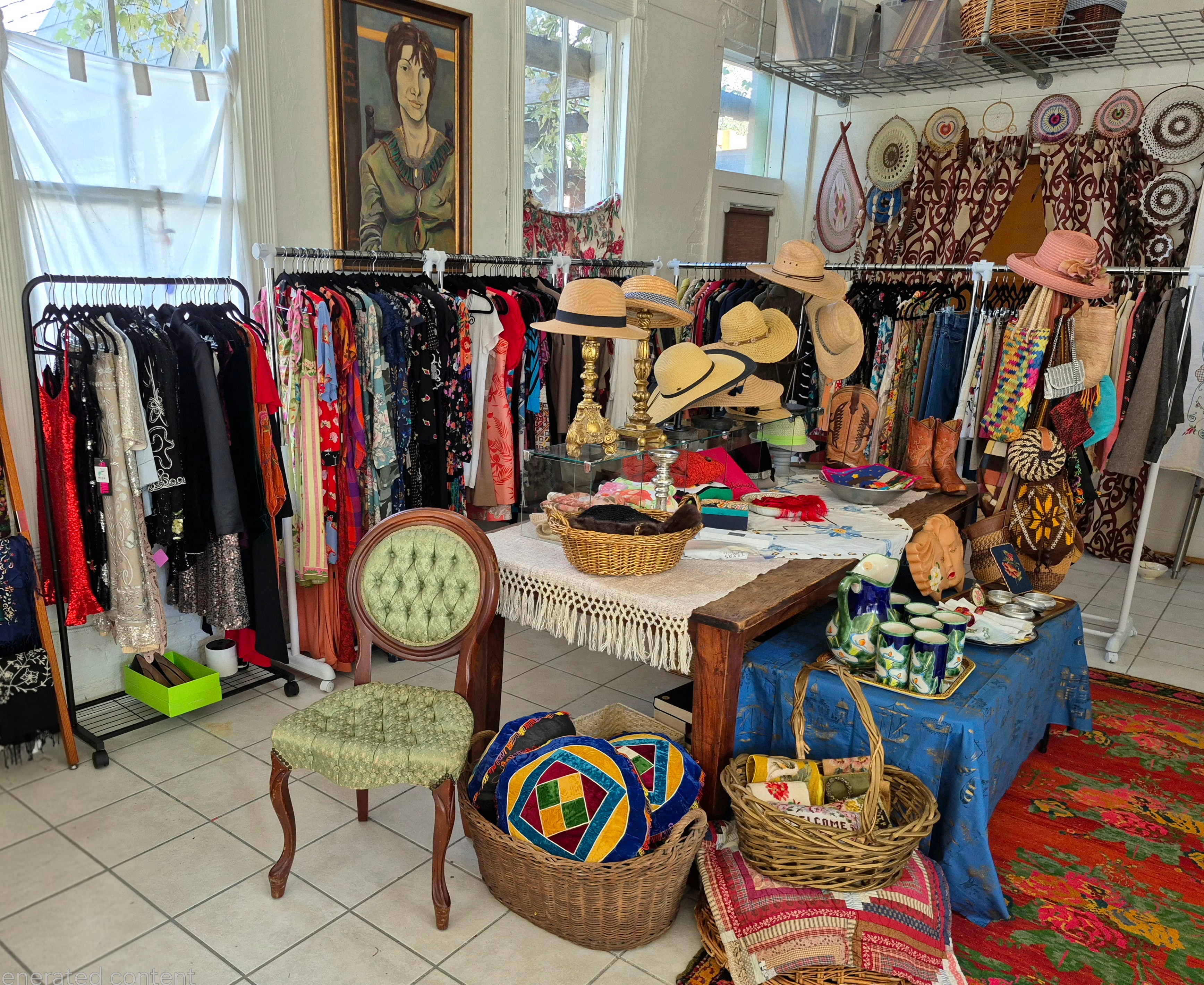Baskets, upholstered chairs and a table of small objects in the middle of the shop